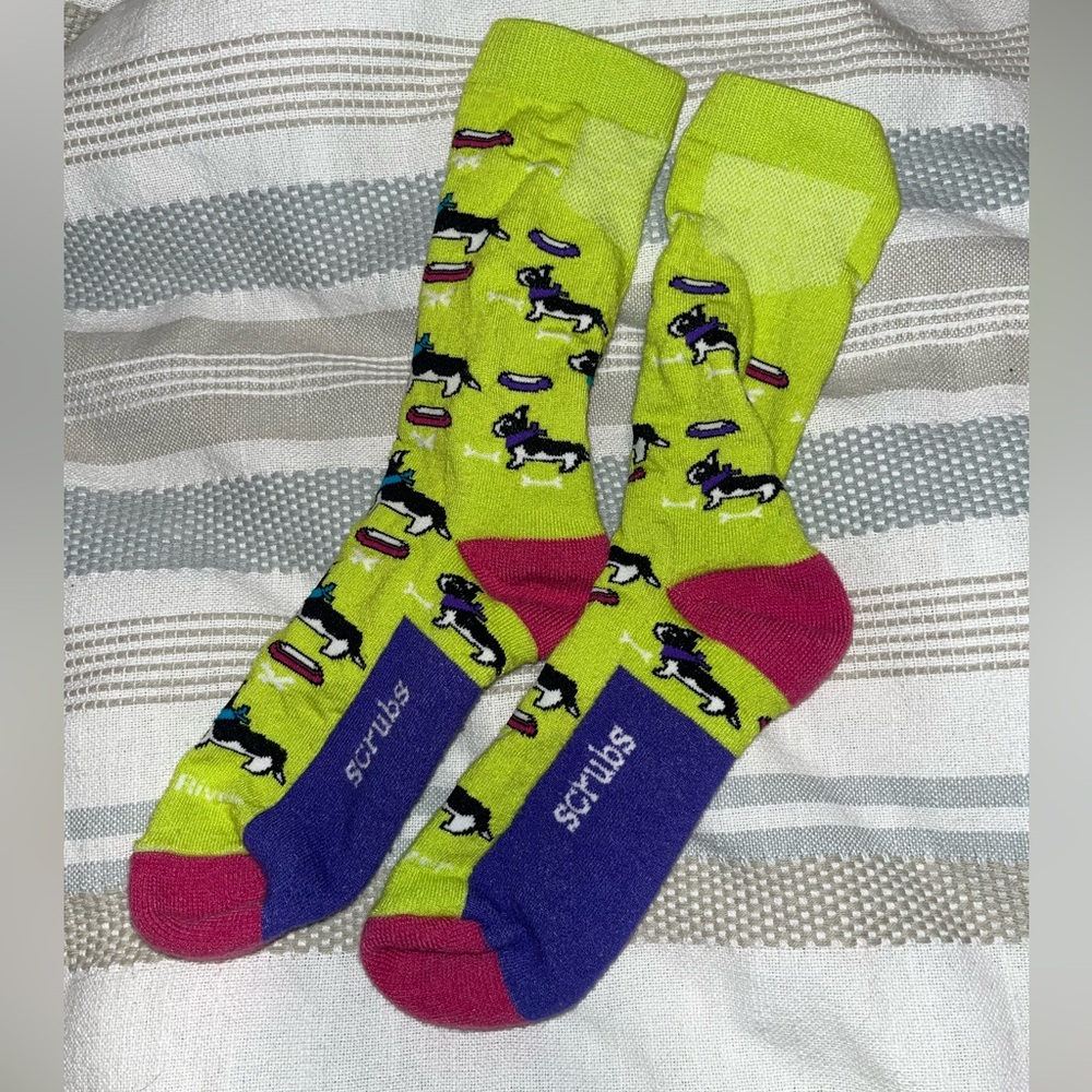 Fox River Scrubs Vintage Frenchie Dog and Bowl Neon Green Socks